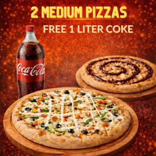 2 Medium Pizzas + Coke